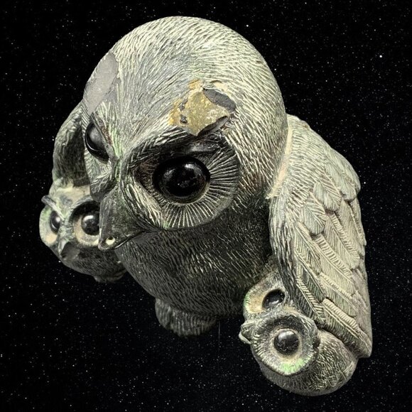 A Wolf Original Handmade Soapstone Baby Owl Family On Tree Sculpture 4.5”T 5”W - Picture 4 of 5